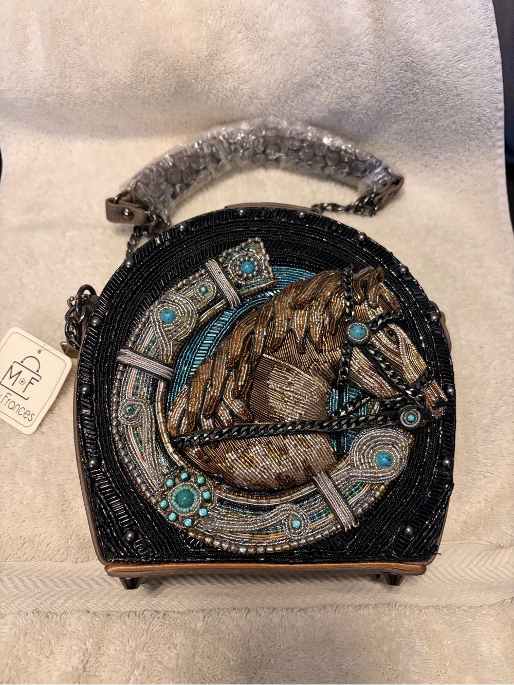 Mary Francis Ready to ride Beaded Horse  Crossbody Bag - Black and Turquoi - Picture 3 of 5